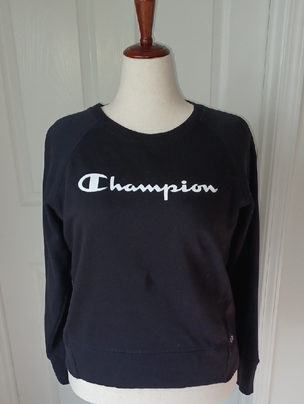 Champion Black Crewneck Sweatshirt with White Script Logo Large